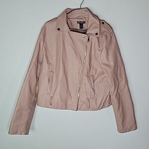 Revamped medium pink zip up leather jacket